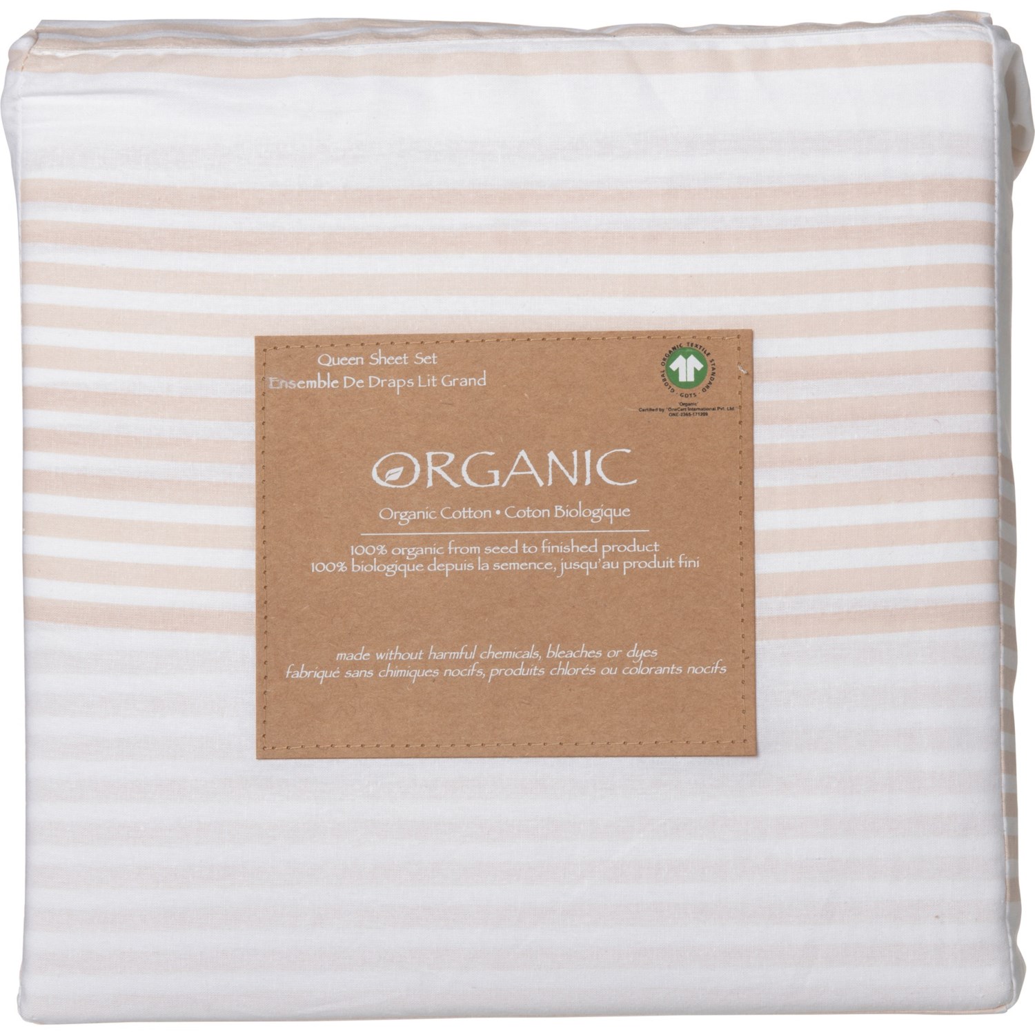 Organic Queen Cotton Sheet Set Beige Stripe Save 63