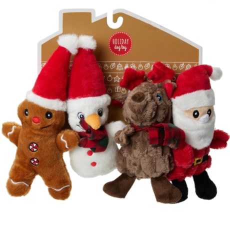 Pally Paws Holiday Plush Dog Toy Set - 4-Pack, 10” in Gingerbread/Snowman/Santa/Reindeer