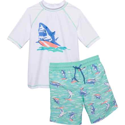 Panama Jack Little Boys Rash Guard and Swim Trunks Set - UPF 50, Short Sleeve in White Aqua Multi