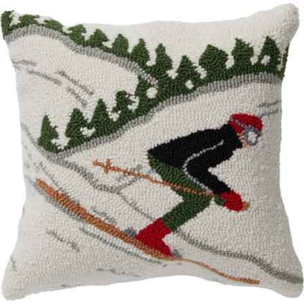 Peking Handicraft Downhill Skier Hooked Throw Pillow - 16x16” in Multi