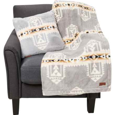 Pendleton Crossroads Faux Fur Throw Blanket and Pillow Set -  50x70”, 18x18” in Grey