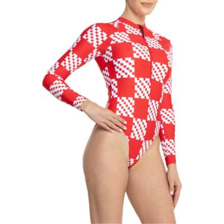 PERFECT MOMENT Spring Print One-Piece Paddle Suit - Zip Neck, Long Sleeve in Blocheck - Red