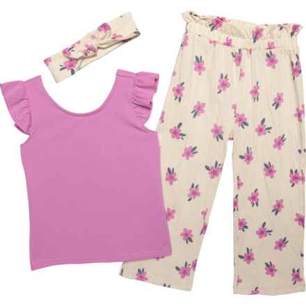 Petit Lem Toddler Girls Ruffle Shirt and Gauze Wide-Leg Pants Set - 3-Piece, Short Sleeve in Flower