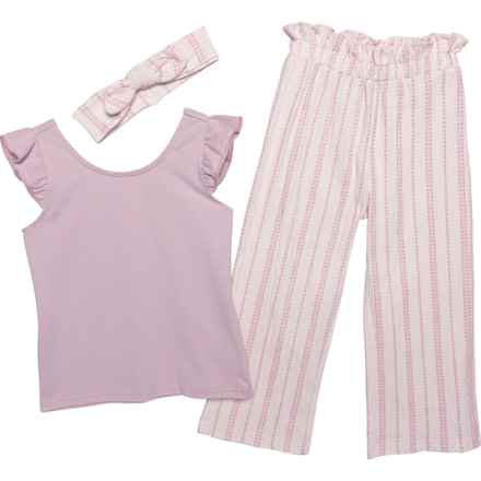 Petit Lem Toddler Girls Ruffle Shirt and Gauze Wide-Leg Pants Set - 3-Piece, Short Sleeve in Stripe