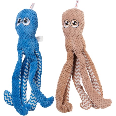Petlou Octopus Plush Dog Toy Twin Pack - 16”, Squeaker in Blue/Brown