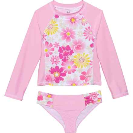 Pipeline Big Girls Rash Guard and Bikini Bottoms Set - UPF 50+, Long Sleeve in Pink