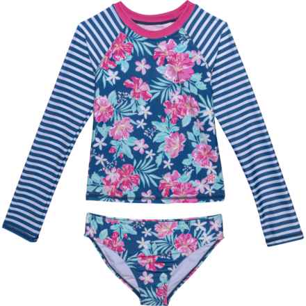Pipeline Big Girls Rash Guard and Swim Bottoms Set - UPF 50+, Long Sleeve in Navy Floral