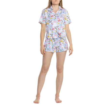 PJ Couture Coast to Coast Vacation Stamps Notch Collar Shorts Pajamas - Short Sleeve in White