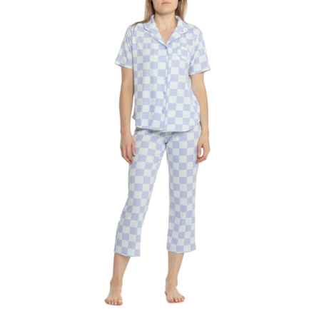 PJ Couture Retro Vibes Notch Collar Top and Capris Pajamas - Short Sleeve in Retro Check Blue