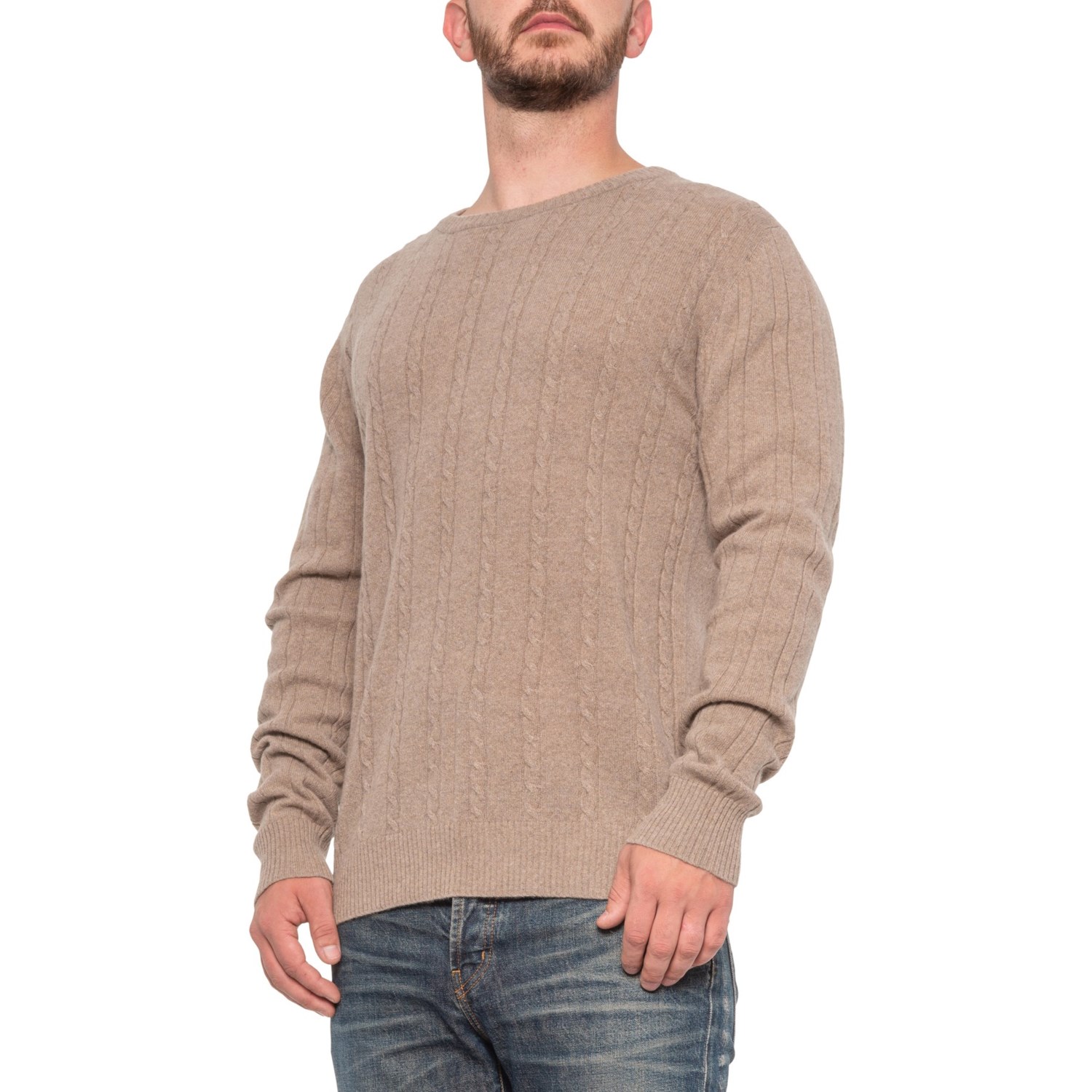 Portolano Dark Nile Brown Round Neck Cable Knit Sweater For