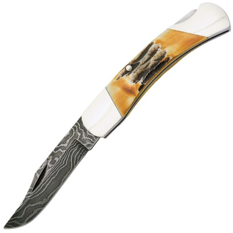 Bear and Son Cutlery Stag Bone Pocket Knife - Damascus Steel, Lockback