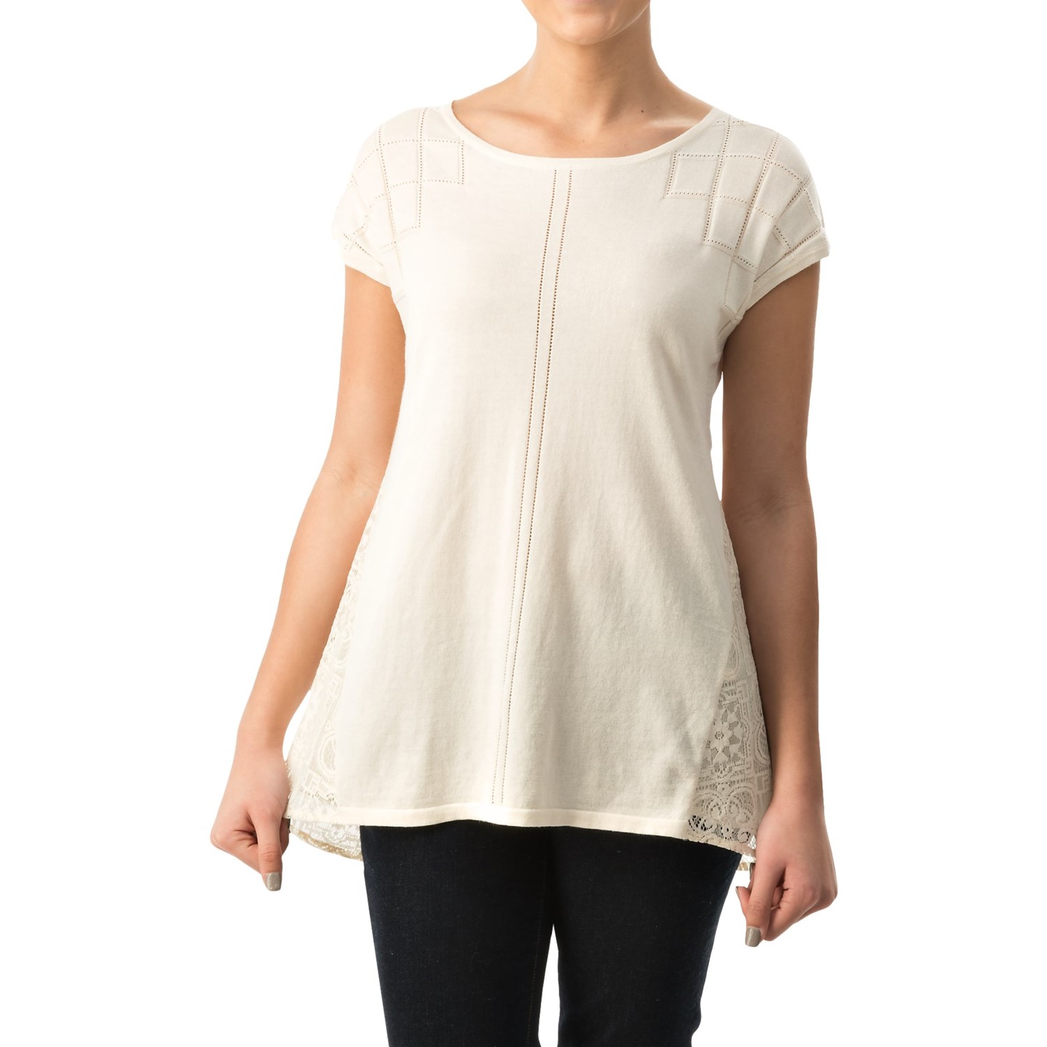 August Silk Pointelle Lace-Back Sweater – Short Sleeve (For Women)