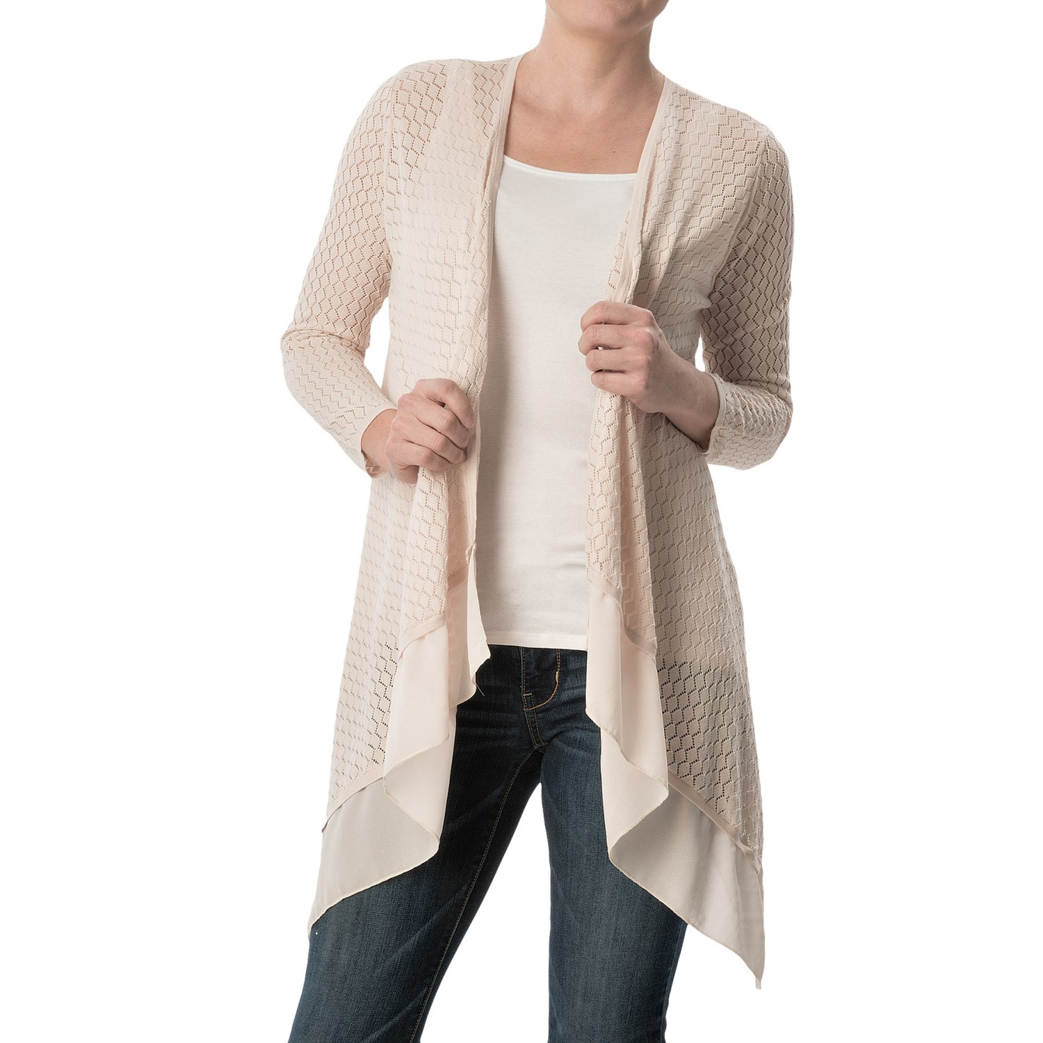 August Silk Pointelle Flyaway Cardigan Sweater – 3/4 Sleeve (For Women)