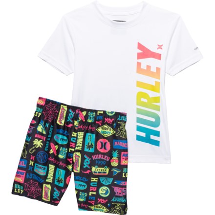 Hurley Little Boys Rash Guard and Swim Shorts Set - UPF 50+, Short Sleeve in White