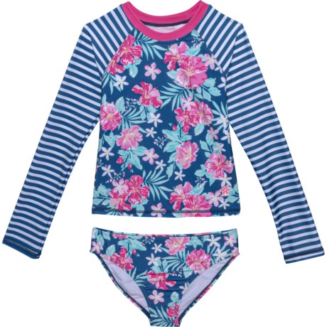 Pipeline Big Girls Rash Guard and Swim Bottoms Set - UPF 50+, Long Sleeve