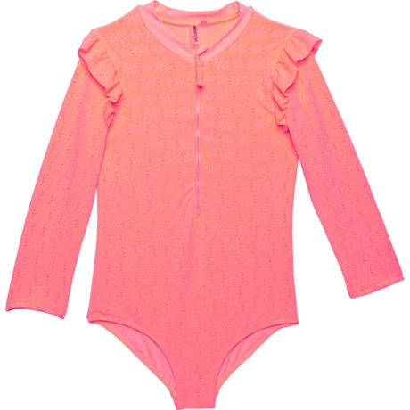 KENSIE GIRL Big Girls Eyelet One-Piece Zip Neck Rash Guard Suit - UPF 50, Long Sleeve