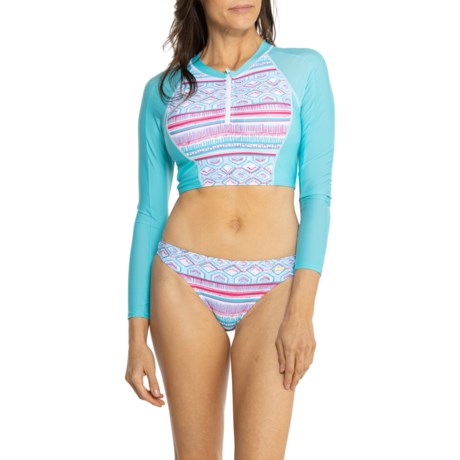 Sunseeker Zip Front Rash Guard and Bikini Bottoms Set - Long Sleeve