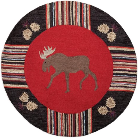 Chandler 4 Corners Night Moose Hand-Hooked Wool Area Rug - 5’ Round, Red
