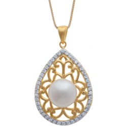 Gemstar Pearl and Filigree Necklace - 18K Gold Plate with CZ Accents