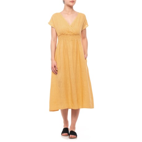 Magari Made in Italy Yellow V-Neck Midi Dress - Linen, Short Sleeve (For Women)