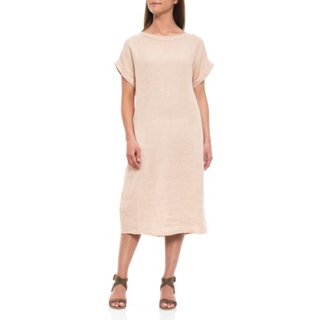 Bella Ambra Beige Italian Linen Midi Dress - Short Sleeve (For Women)