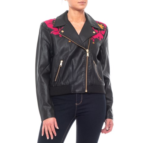 Free People Black-Rose Print Solid Pleather Moto Jacket (For Women)