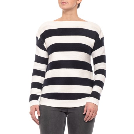 Cable & Gauge White-Navy Blue Striped Boat Neck Sweater (For Women)
