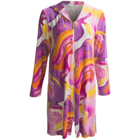 Diamond Tea Short Rayon Knit Robe - Full Zip, Long Sleeve (For Women)
