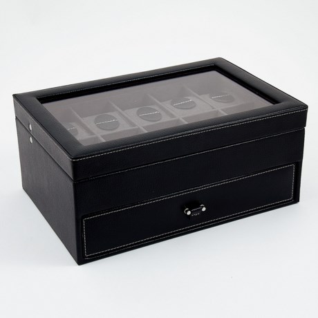 Bey-Berk International Leather Watch Box with Glass Top and Storage Drawer - 10-Watch Capacity