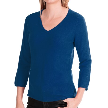 In Cashmere V-Neck Cashmere Sweater - 3/4 Sleeve (For Women)
