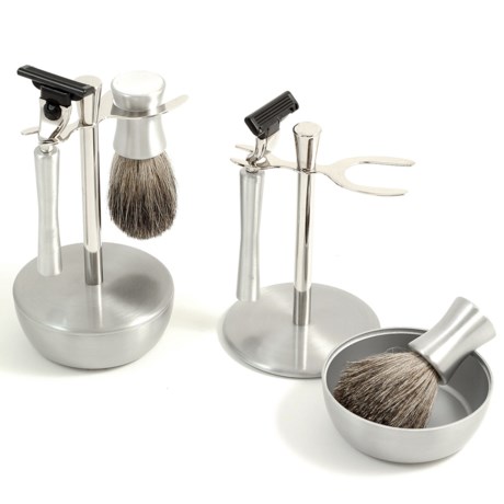 Bey-Berk International Mach 3 Razor, Pure Badger Brush and Stand Set - Chrome and Stainless Steel, 3-Piece
