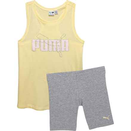 Puma Big Girls Cotton Jersey Tank Top and Bike Shorts Set in Anise Flower