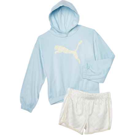 Puma Big Girls Fleece Hoodie and Tricot Shorts Set in Frosted Dew