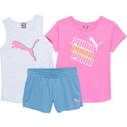 Puma Big Girls Jersey T-Shirt, Tank Top and Mesh Shorts Set - 3-Piece, Short Sleeve in Poison Pink