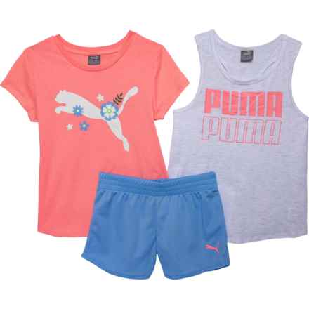 Puma Big Girls Jersey T-Shirt, Tank Top and Shorts Set - 3-Piece, Short Sleeve in Orange/Pink