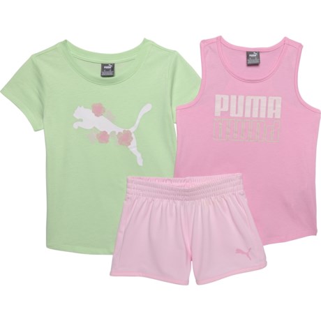 Puma Little Girls Jersey T-Shirt, Tank Top and Tricot Shorts Set - Short Sleeve in Fresh Mint