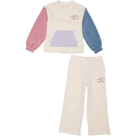 Puma Little Girls Spun Fleece Crew Neck Sweatshirt and Wide Leg Pants Set in Alpine Snow