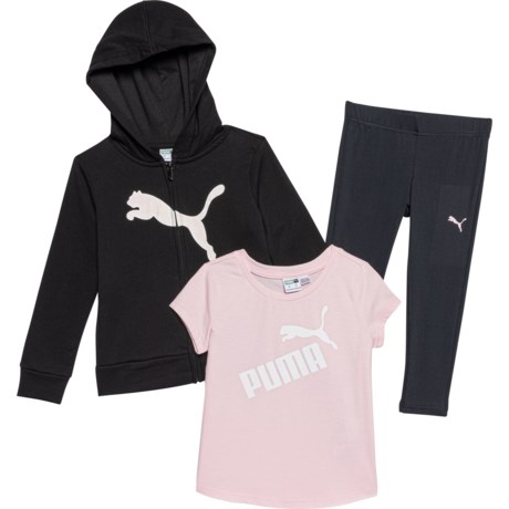 Puma Toddler Girls Fleece Zip Up Hoodie T Shirt and Leggings Set Black Size 4T Cotton