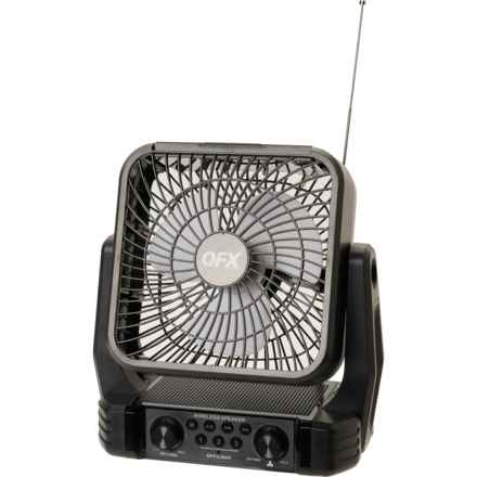 QFX Solar Rechargeable Radio with 6” Fan and LED Flashlight in Black