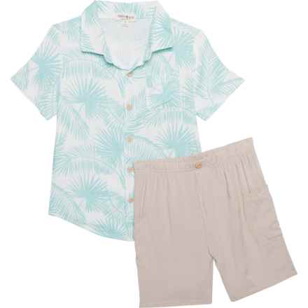 Rabbit + Bear Little Boys Woven Shirt and Shorts Set - Organic Cotton, Short Sleeve in Blue Pattern/ Beige