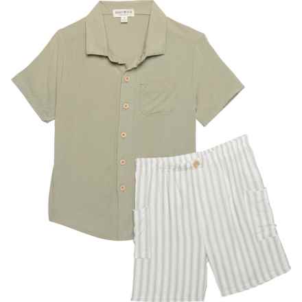 Rabbit + Bear Little Boys Woven Shirt and Shorts Set - Organic Cotton, Short Sleeve in Green/White Stripe