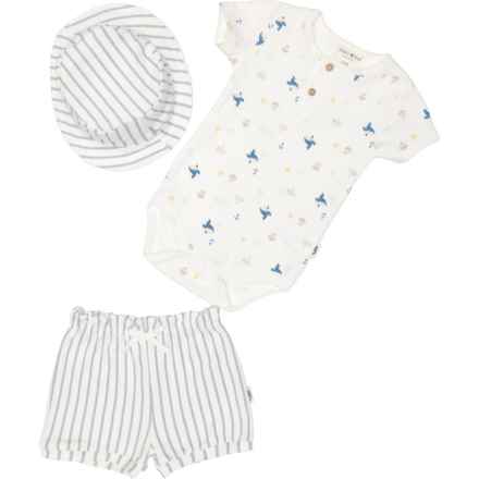 Rabbit + Bear Organic Infant Boys Baby Bodysuit, Shorts and Bucket Hat Set - Short Sleeve in Multi