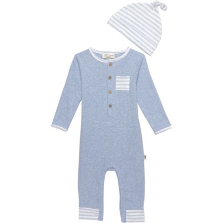 Rabbit + Bear Organic Infant Boys Coverall and Cap Set - Organic Cotton, Long Sleeve in Blue