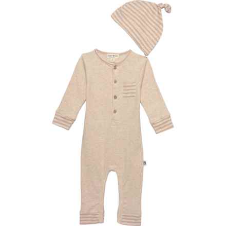Rabbit + Bear Organic Infant Boys Coverall and Cap Set - Organic Cotton, Long Sleeve in Brown