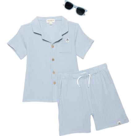 Rabbit + Bear Organic Infant Boys Gauze Shirt, Shorts and Sunglasses Set - 3-Piece, Short Sleeve in Blue