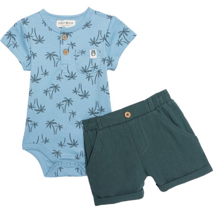 Rabbit + Bear Organic Infant Boys Organic Cotton Baby Bodysuit and Shorts Set - Short Sleeve in Blue Palm Trees