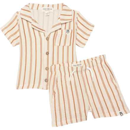 Rabbit + Bear Organic Infant Boys Striped Gauze Shirt and Shorts Set - Organic Cotton, Short Sleeve in Tan