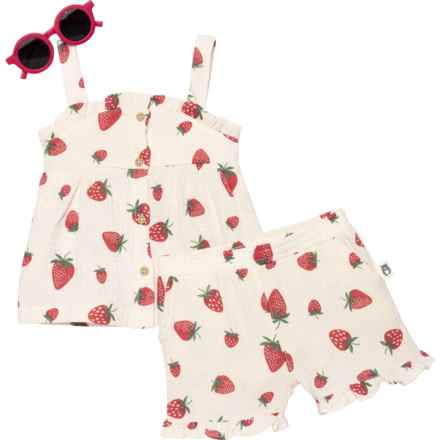 Rabbit + Bear Organic Infant Girl Strawberry Tank Top and Shorts Set with Sunglasses - Organic Cotton, 3-Piece, Sleeveless in Multi