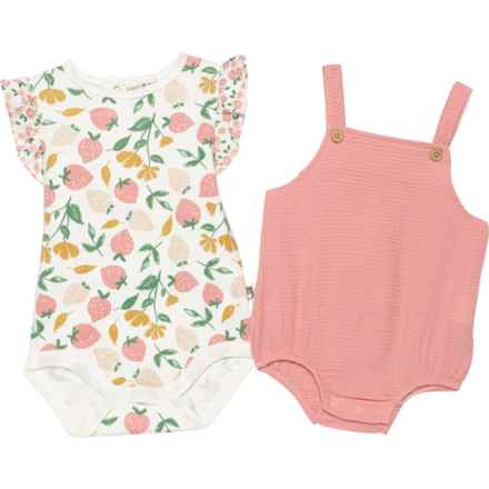 Rabbit + Bear Organic Infant Girls Baby Bodysuit and Bubble Overalls Set - Organic Cotton, Short Sleeve in Multi