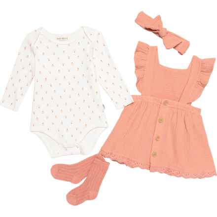 Rabbit + Bear Organic Infant Girls Baby Bodysuit and Gauze Jumper with Accessories Set -  4-Piece, Organic Cotton, Long Sleeve in Coral